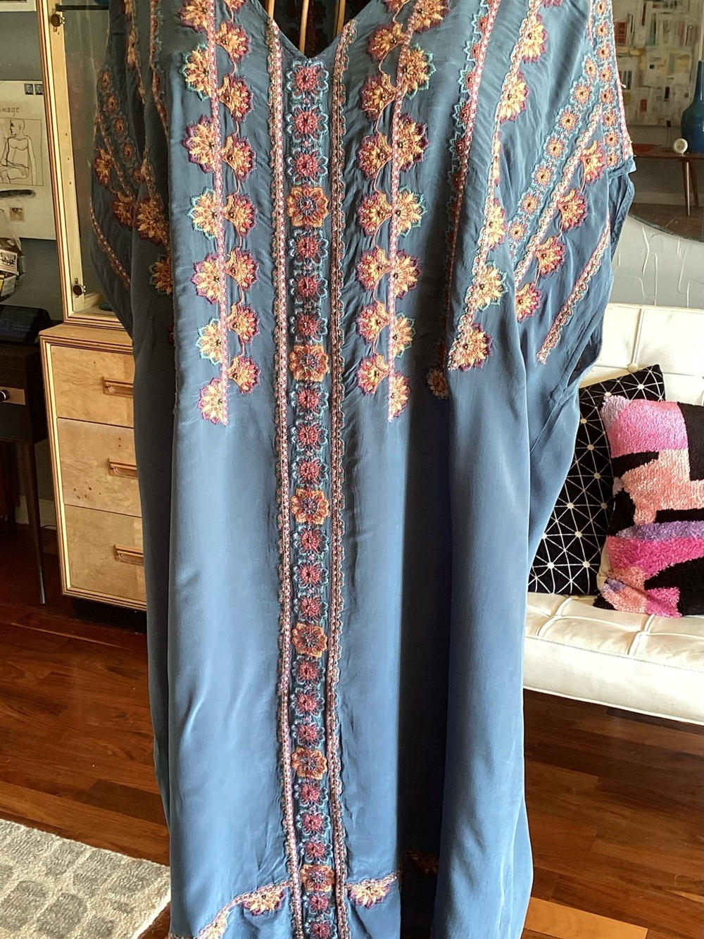 Sundance Dusty Blue Embroidered Midi Dress with Pink & Gold Floral Detail